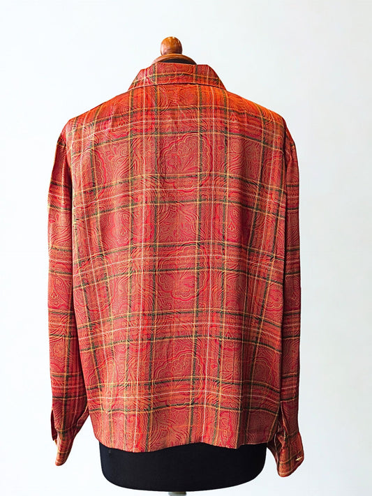 Vintage Handmade Orange Paisley Checkered Shirt – Gold Buttons & Warm Tones