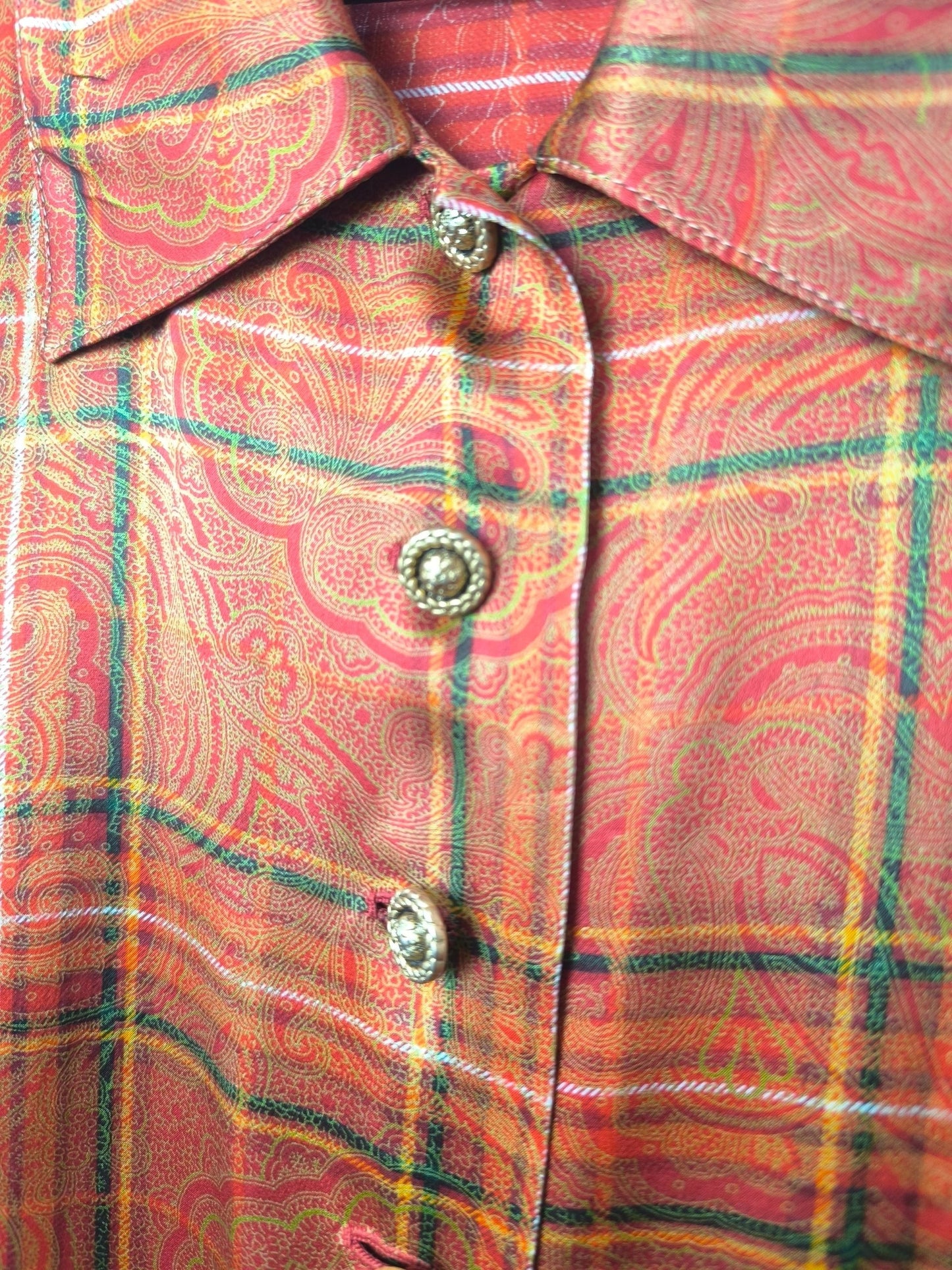 Vintage Handmade Orange Paisley Checkered Shirt – Gold Buttons & Warm Tones