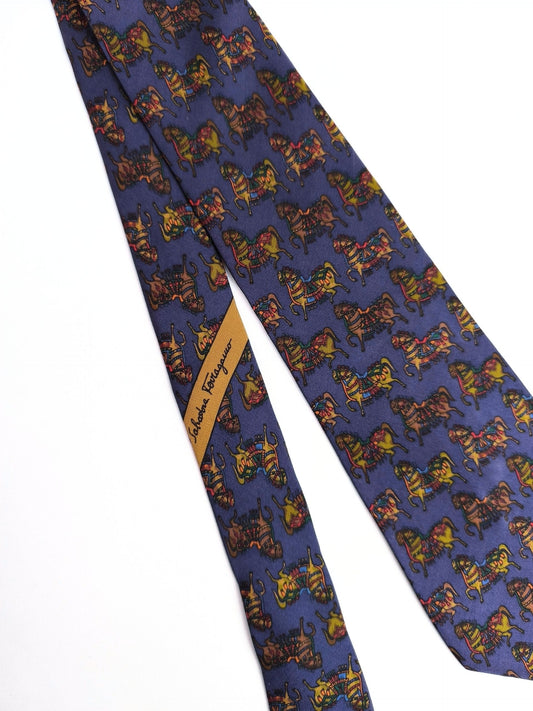 Vintage 90s Salvatore Ferragamo Silk Tie – Carousel Horses Print (Made in Italy)