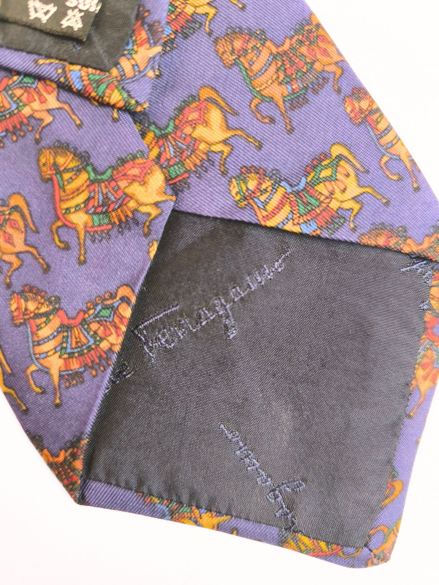 Vintage 90s Salvatore Ferragamo Silk Tie – Carousel Horses Print (Made in Italy)