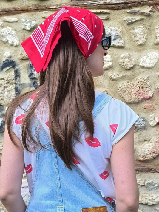 Vintage Red Polka Dot & Stripe Bandana – 100% Cotton