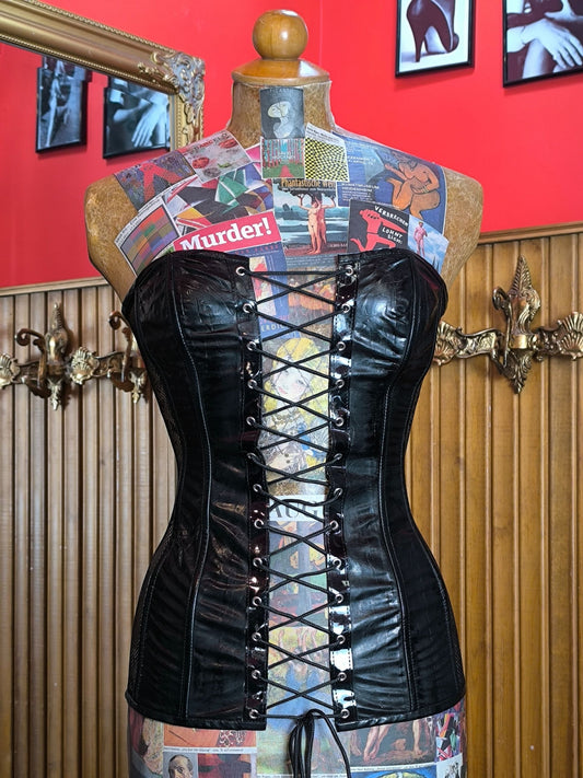 Y2K Black Level Corset Top — PVC & Mesh Lace-Up Design
