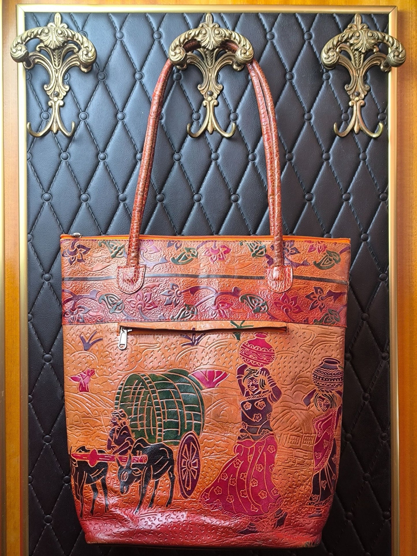 Vintage Handcrafted Embossed Leather Tote Bag