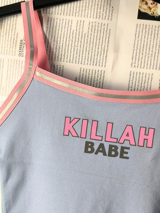 Deadstock Y2K Killah Babe Reflective Stripe Crop Tank Top - Light Blue