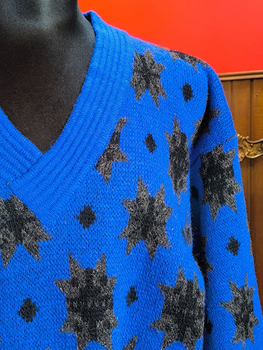 Vintage Blue Wool Blend Sweater with Star Pattern