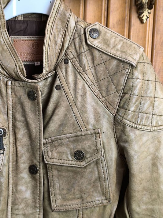 River Island Y2K Real Leather Biker Jacket – Beige Distressed – UK 8 / EU 34 /Small