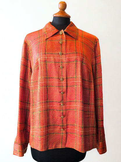 Vintage Handmade Orange Paisley Checkered Shirt – Gold Buttons & Warm Tones