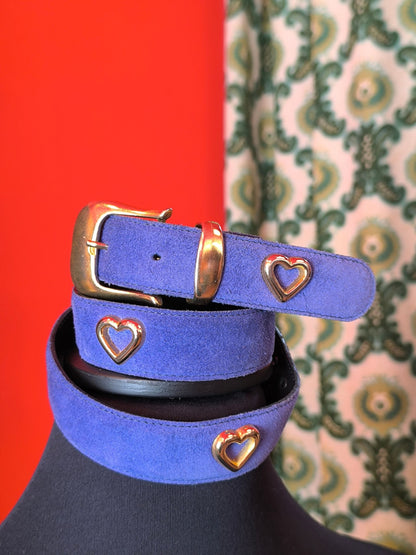 Vintage Cobalt Suede Belt with Heart Studs – Echt Leder, 80cm