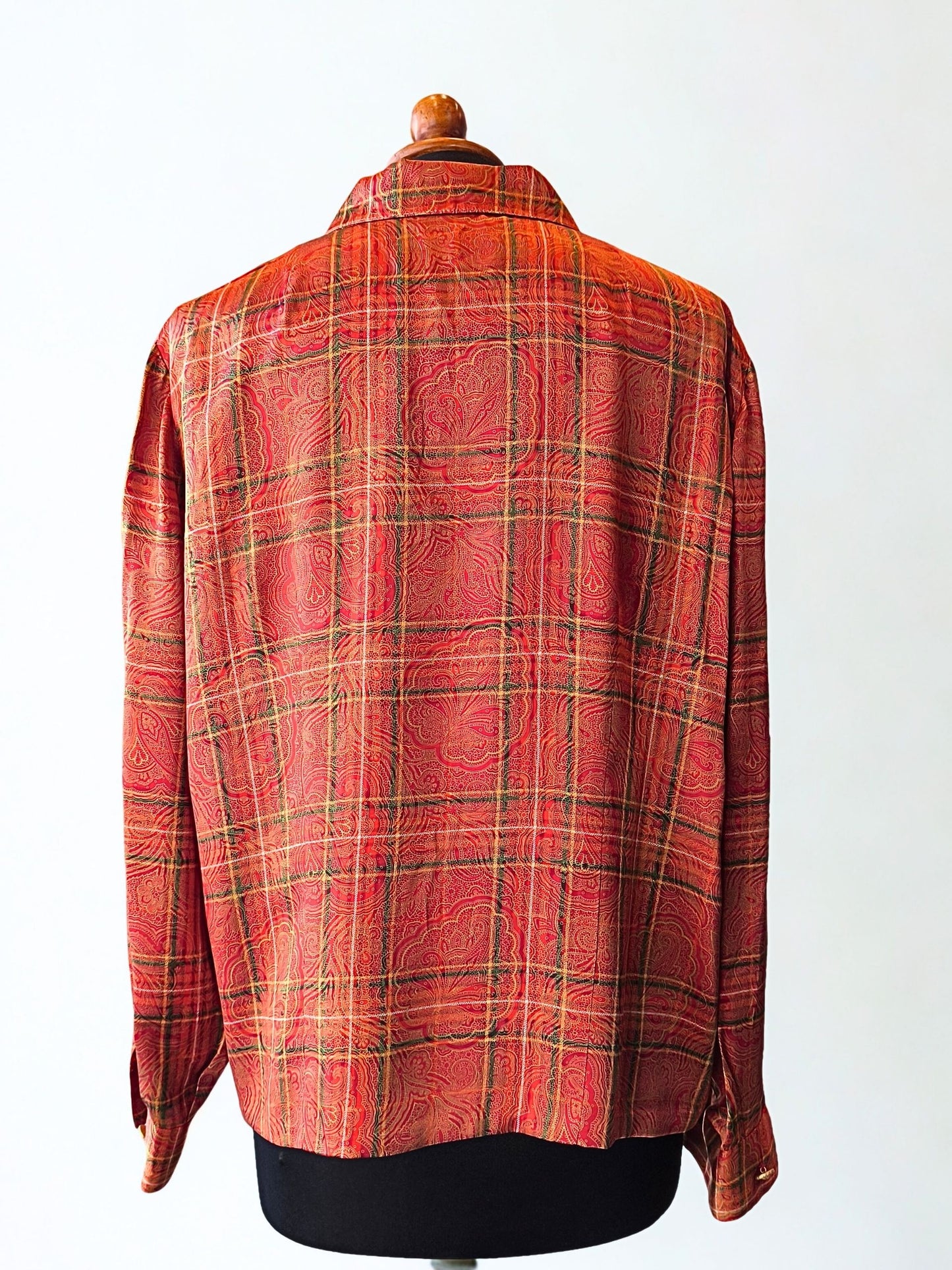 Vintage Handmade Orange Paisley Checkered Shirt – Gold Buttons & Warm Tones