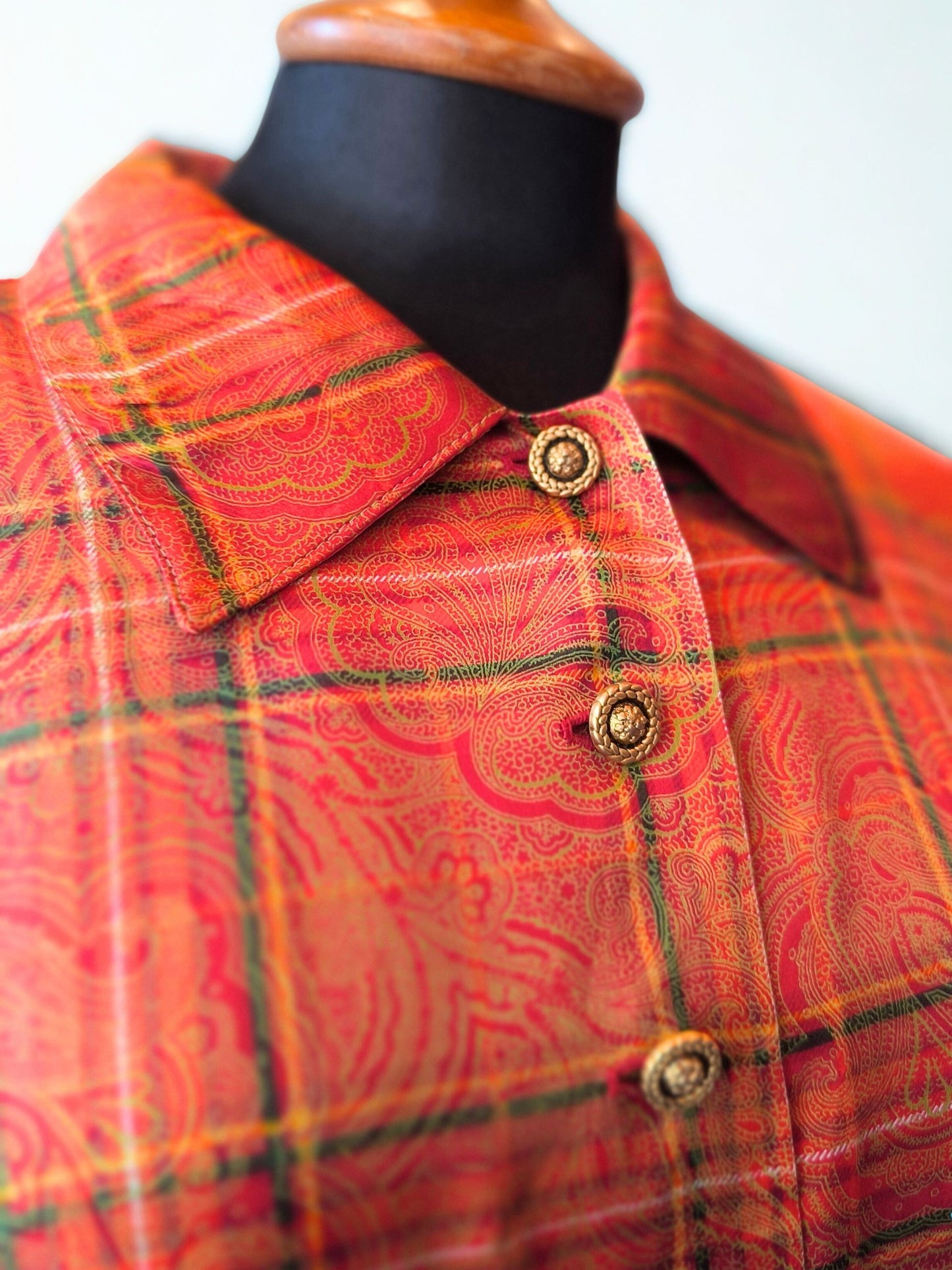Vintage Handmade Orange Paisley Checkered Shirt – Gold Buttons & Warm Tones