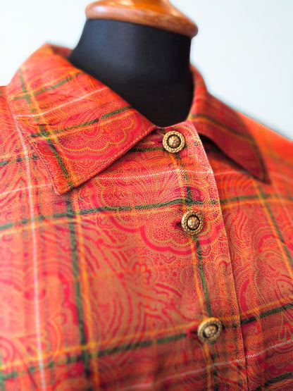 Vintage Handmade Orange Paisley Checkered Shirt – Gold Buttons & Warm Tones