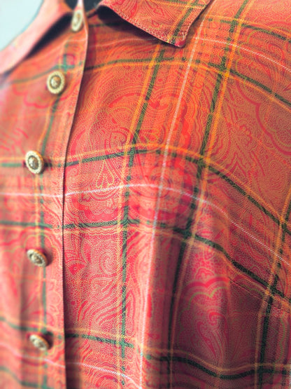Vintage Handmade Orange Paisley Checkered Shirt – Gold Buttons & Warm Tones