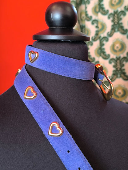 Vintage Cobalt Suede Belt with Heart Studs – Echt Leder, 80cm