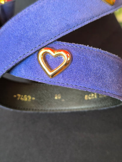 Vintage Cobalt Suede Belt with Heart Studs – Echt Leder, 80cm