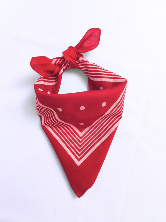 Vintage Red Polka Dot & Stripe Bandana – 100% Cotton