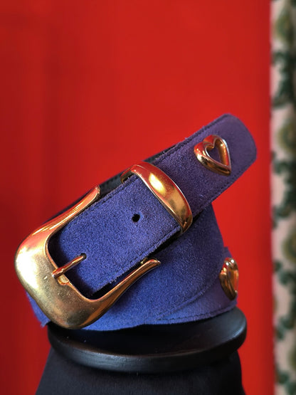 Vintage Cobalt Suede Belt with Heart Studs – Echt Leder, 80cm