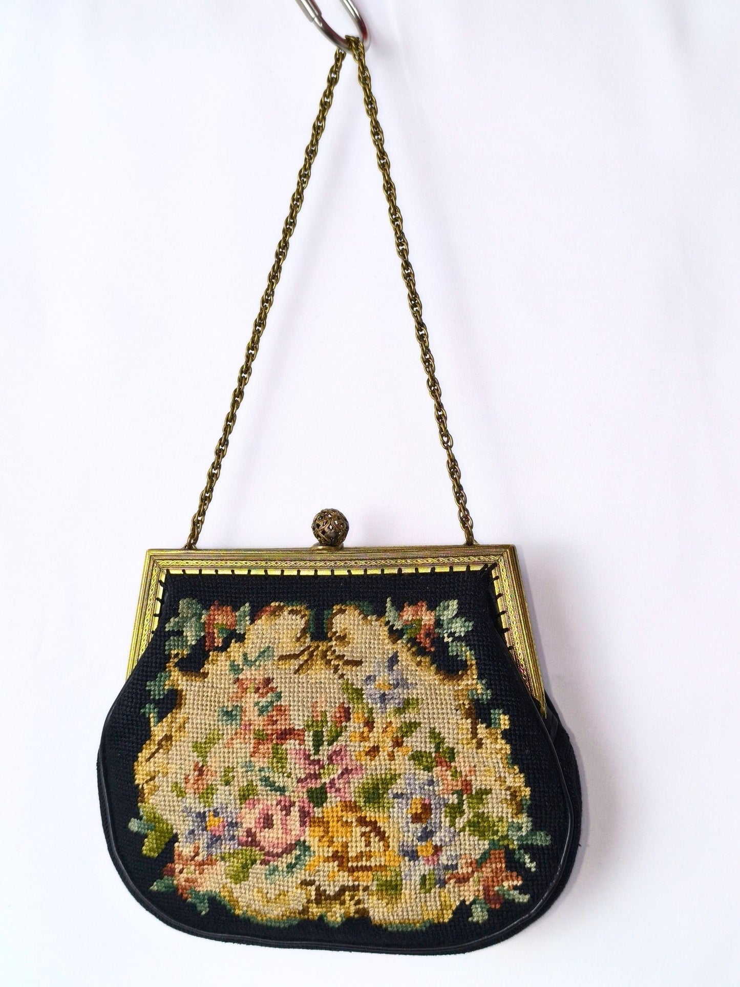 Mid-Century Floral Tapestry Evening Bag – Ornate Filigree Clasp & Chain Handle