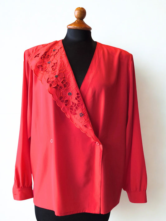 Vintage Red Blouse with Floral Embroidery by Delia Ferrari – Size 48