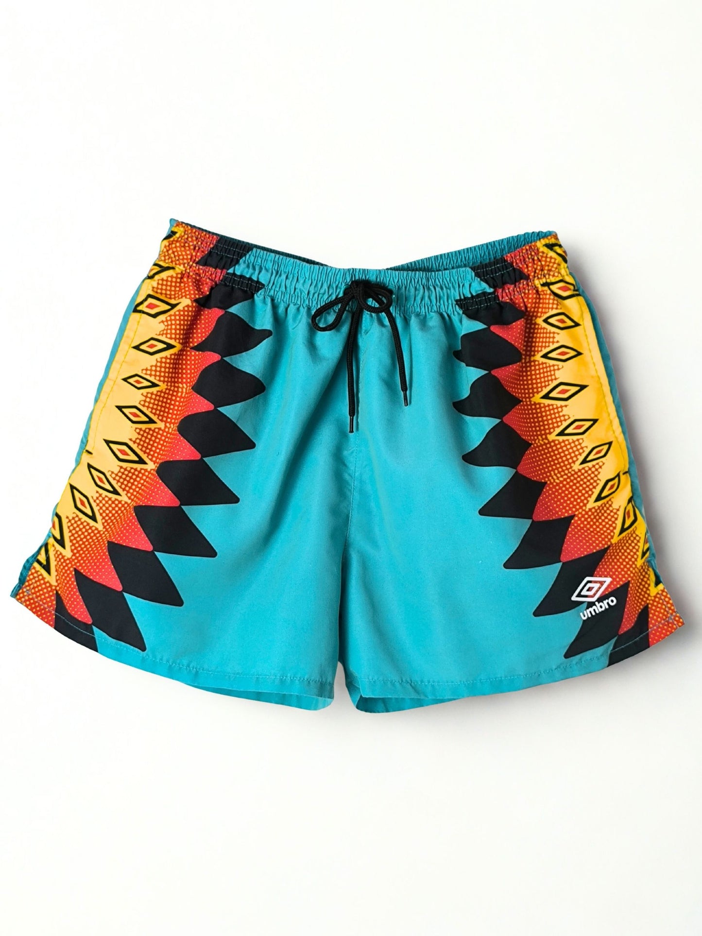 Retro Umbro Swim Shorts – Turquoise with Tribal Flame Print
