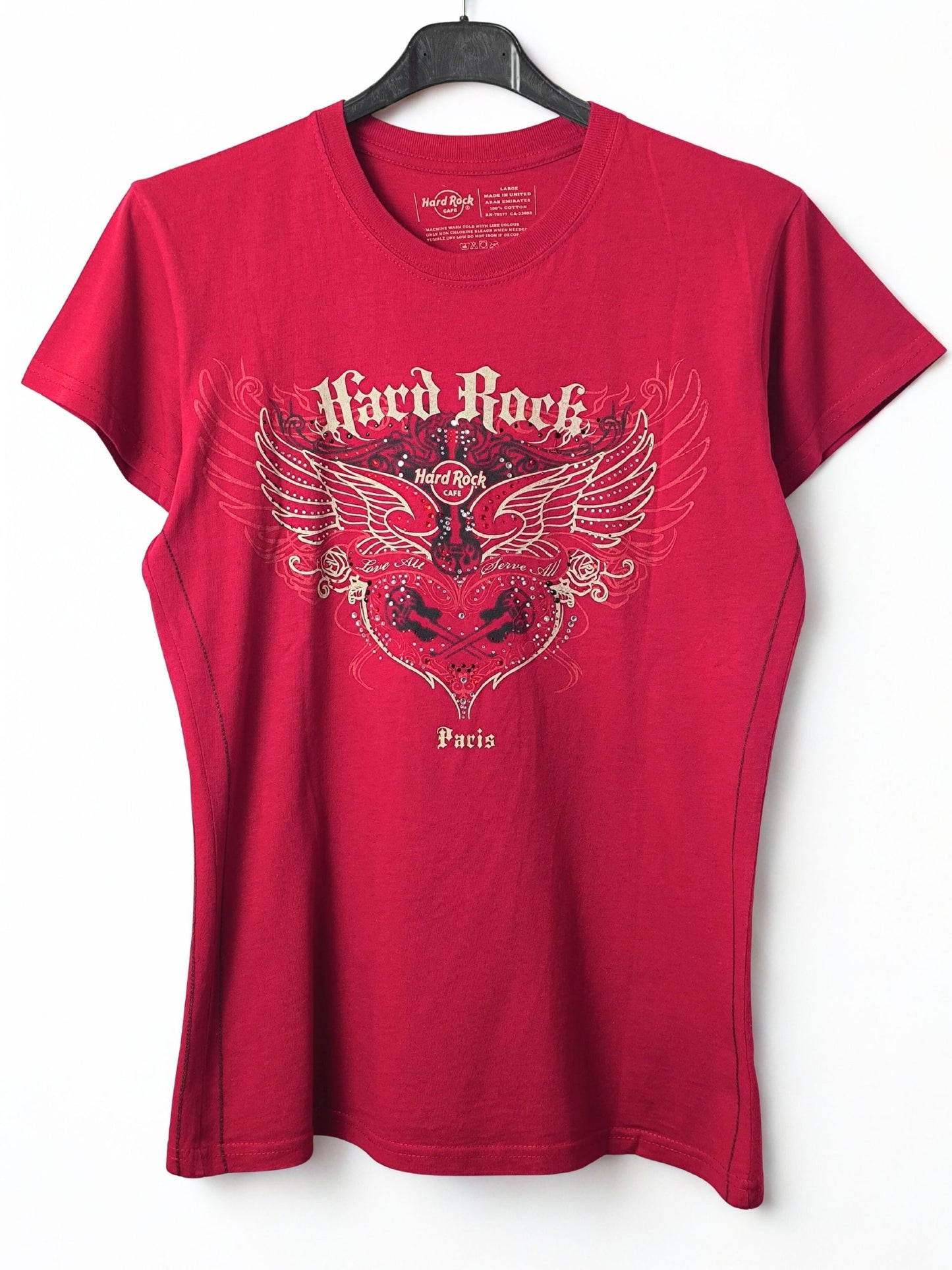 Y2K Hard Rock Café Paris T-Shirt – Red Cotton Tee with Rhinestones (Women’s L)