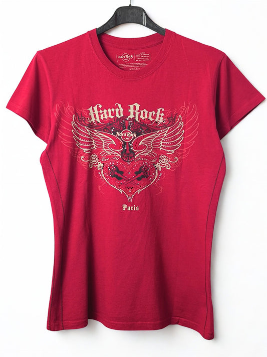 Y2K Hard Rock Café Paris T-Shirt – Red Cotton Tee with Rhinestones (Women’s L)
