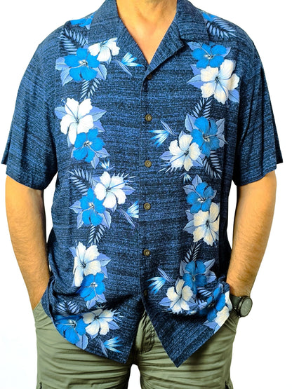 Vintage George Hawaiian Shirt – Tropical Blue Hibiscus Print