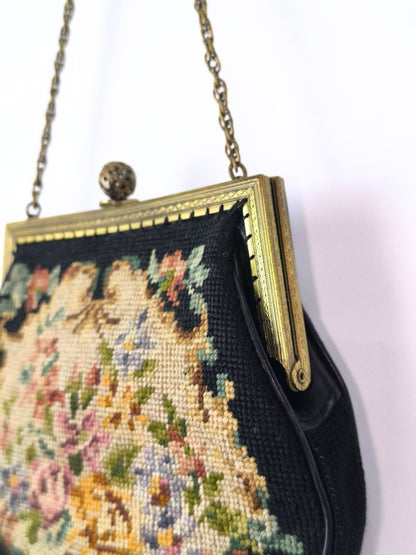 Mid-Century Floral Tapestry Evening Bag – Ornate Filigree Clasp & Chain Handle