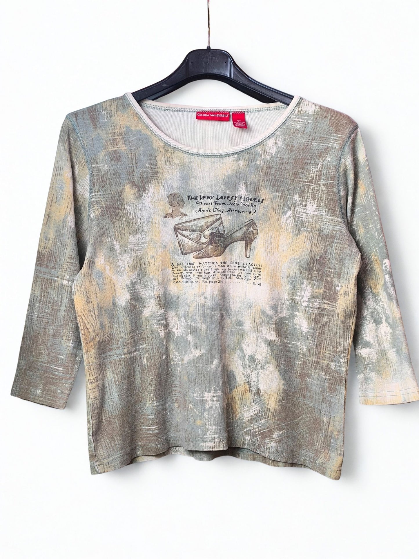 Y2K Gloria Vanderbilt Vintage Top – Retro Brushstroke Print & Ad Graphic