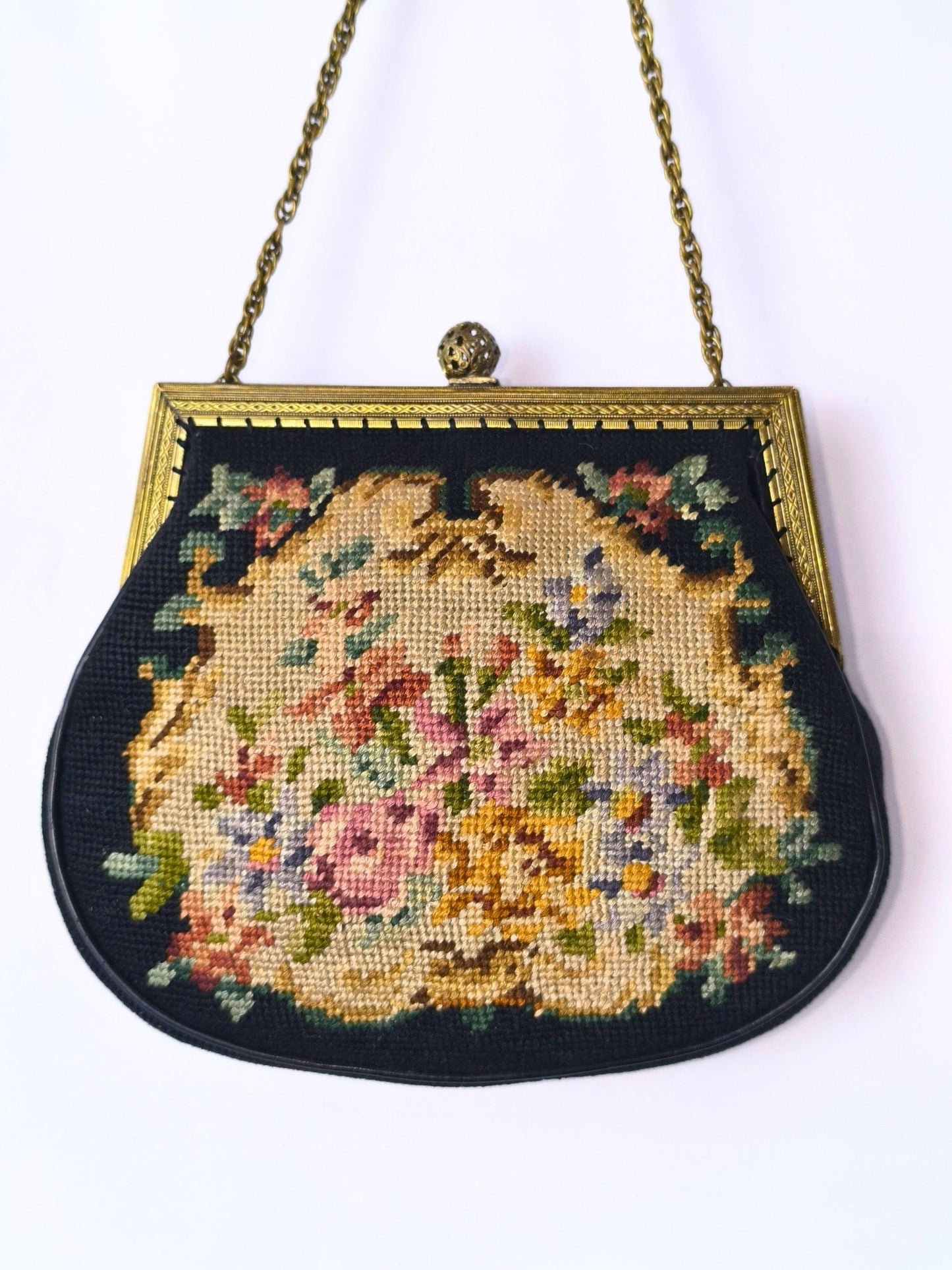 Mid-Century Floral Tapestry Evening Bag – Ornate Filigree Clasp & Chain Handle