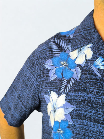 Vintage George Hawaiian Shirt – Tropical Blue Hibiscus Print