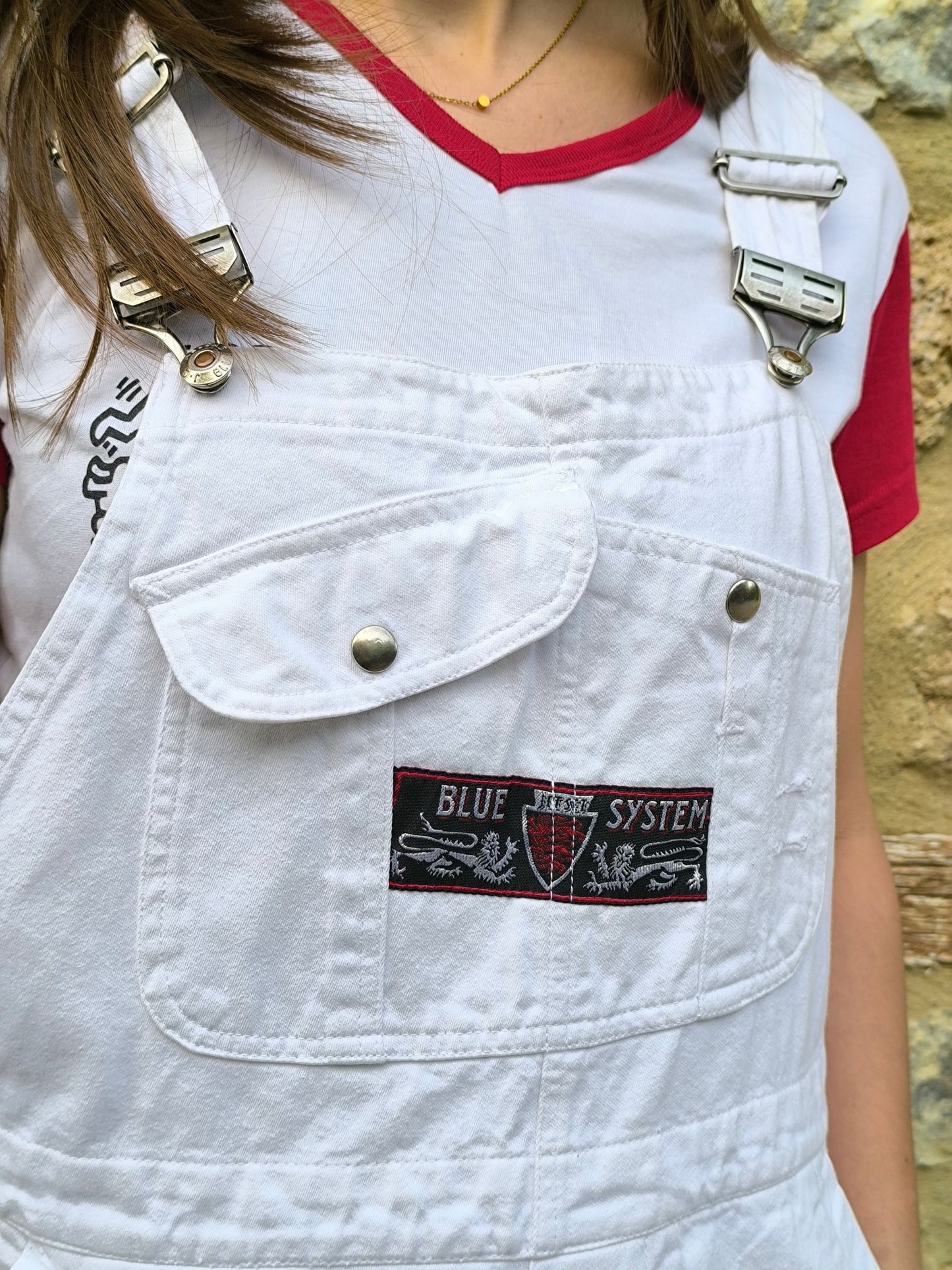 Unisex Vintage “Blue System x Jet Set” White Denim Overall Shorts