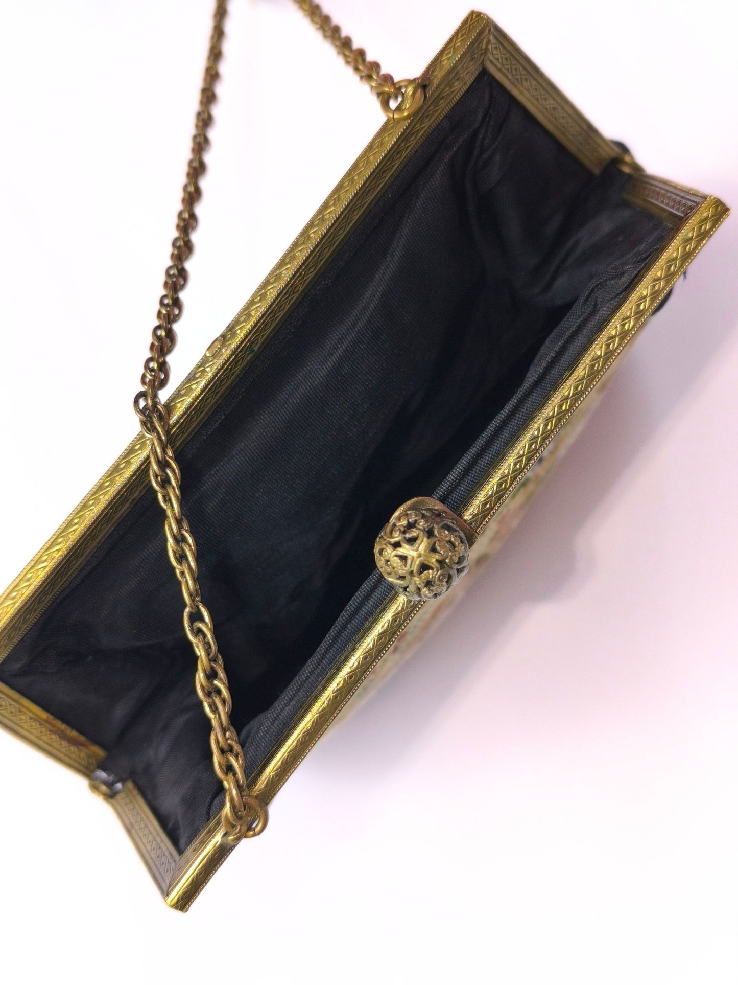 Mid-Century Floral Tapestry Evening Bag – Ornate Filigree Clasp & Chain Handle