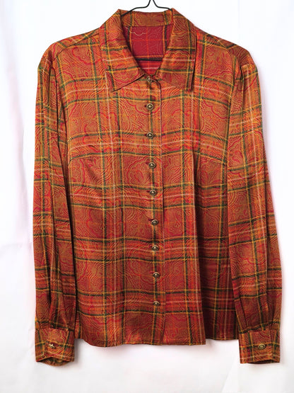 Vintage Handmade Orange Paisley Checkered Shirt – Gold Buttons & Warm Tones