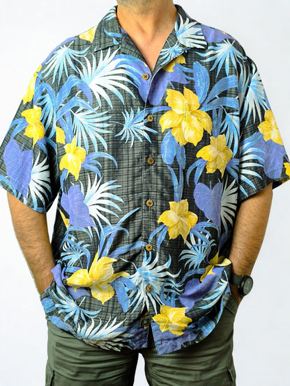Vintage “Caribbean” Hawaiian Shirt – Black with Yellow & Purple Florals