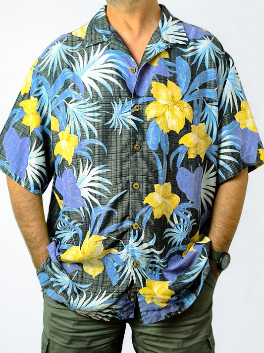 Vintage “Caribbean” Hawaiian Shirt – Black with Yellow & Purple Florals