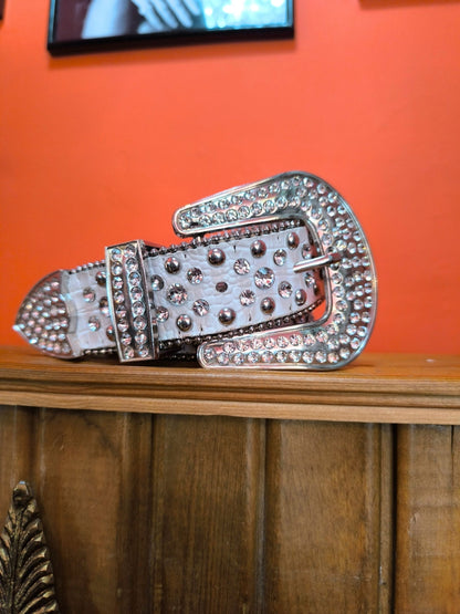 Y2K White Rhinestone Faux Croc Belt with Silver Hardware – TS initials