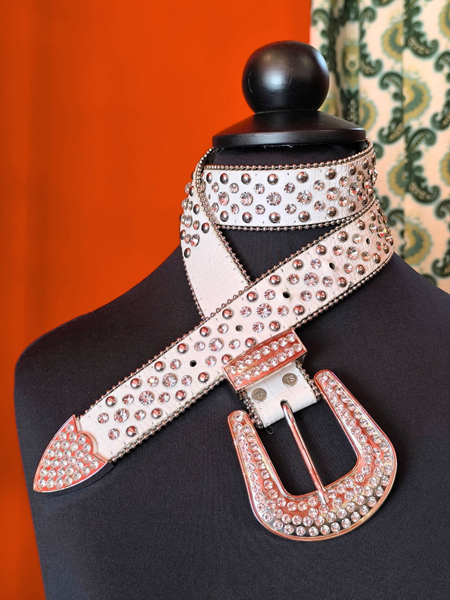 Y2K White Rhinestone Faux Croc Belt with Silver Hardware – TS initials