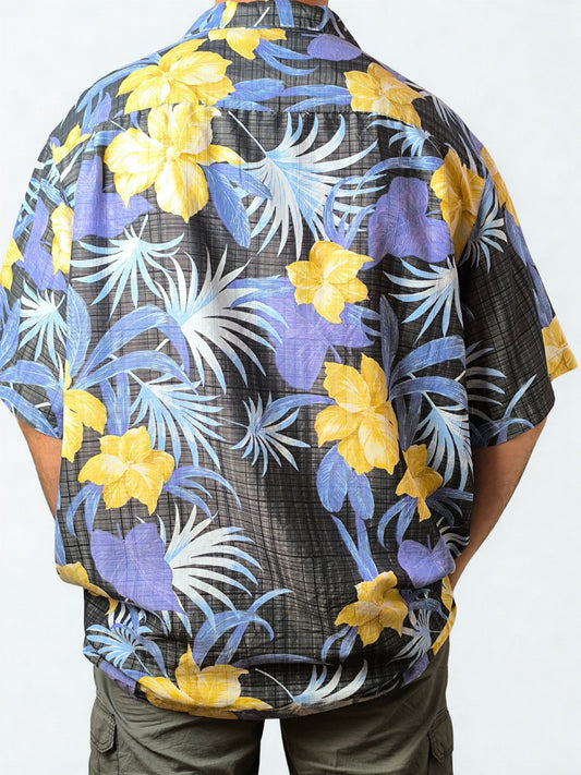 Vintage “Caribbean” Hawaiian Shirt – Black with Yellow & Purple Florals