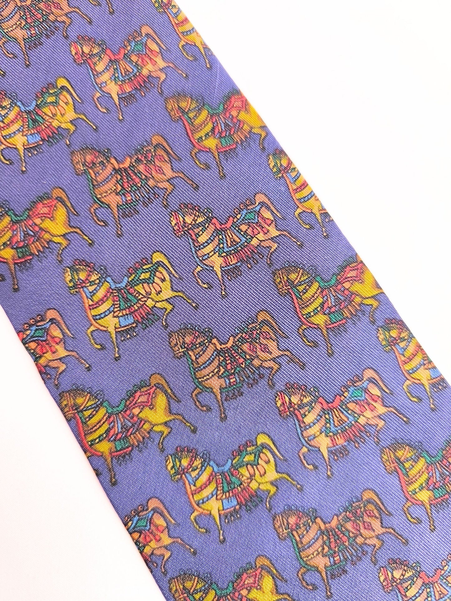 Vintage 90s Salvatore Ferragamo Silk Tie – Carousel Horses Print (Made in Italy)