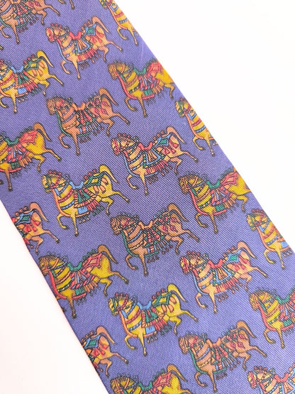 Vintage 90s Salvatore Ferragamo Silk Tie – Carousel Horses Print (Made in Italy)