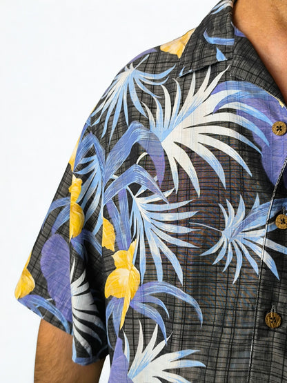 Vintage “Caribbean” Hawaiian Shirt – Black with Yellow & Purple Florals