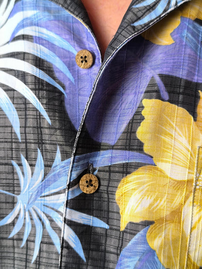 Vintage “Caribbean” Hawaiian Shirt – Black with Yellow & Purple Florals