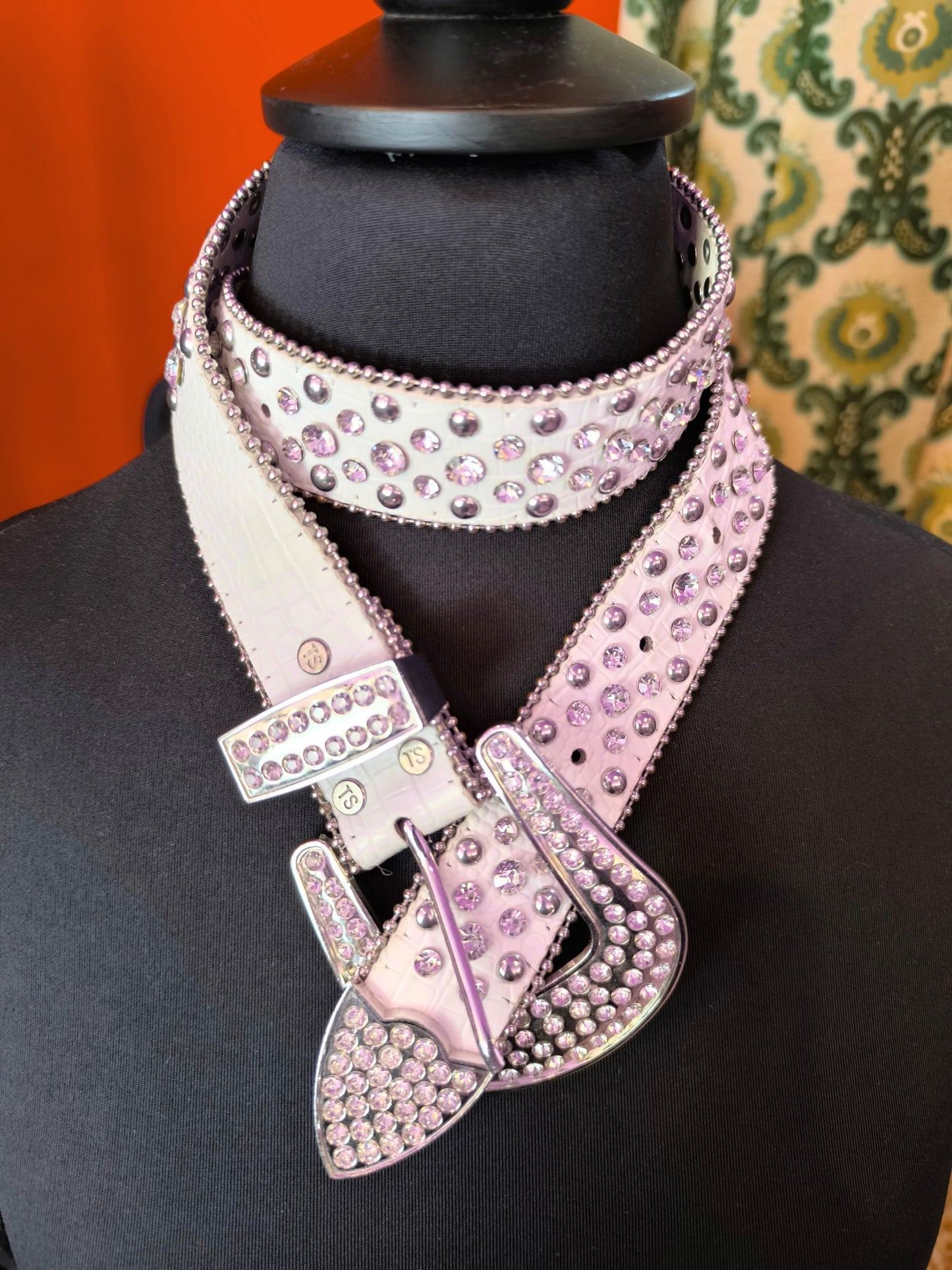 Y2K White Rhinestone Faux Croc Belt with Silver Hardware – TS initials