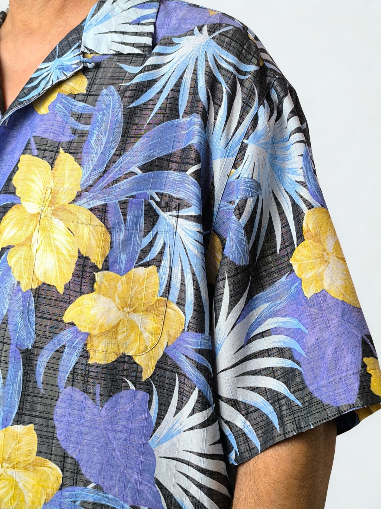 Vintage “Caribbean” Hawaiian Shirt – Black with Yellow & Purple Florals
