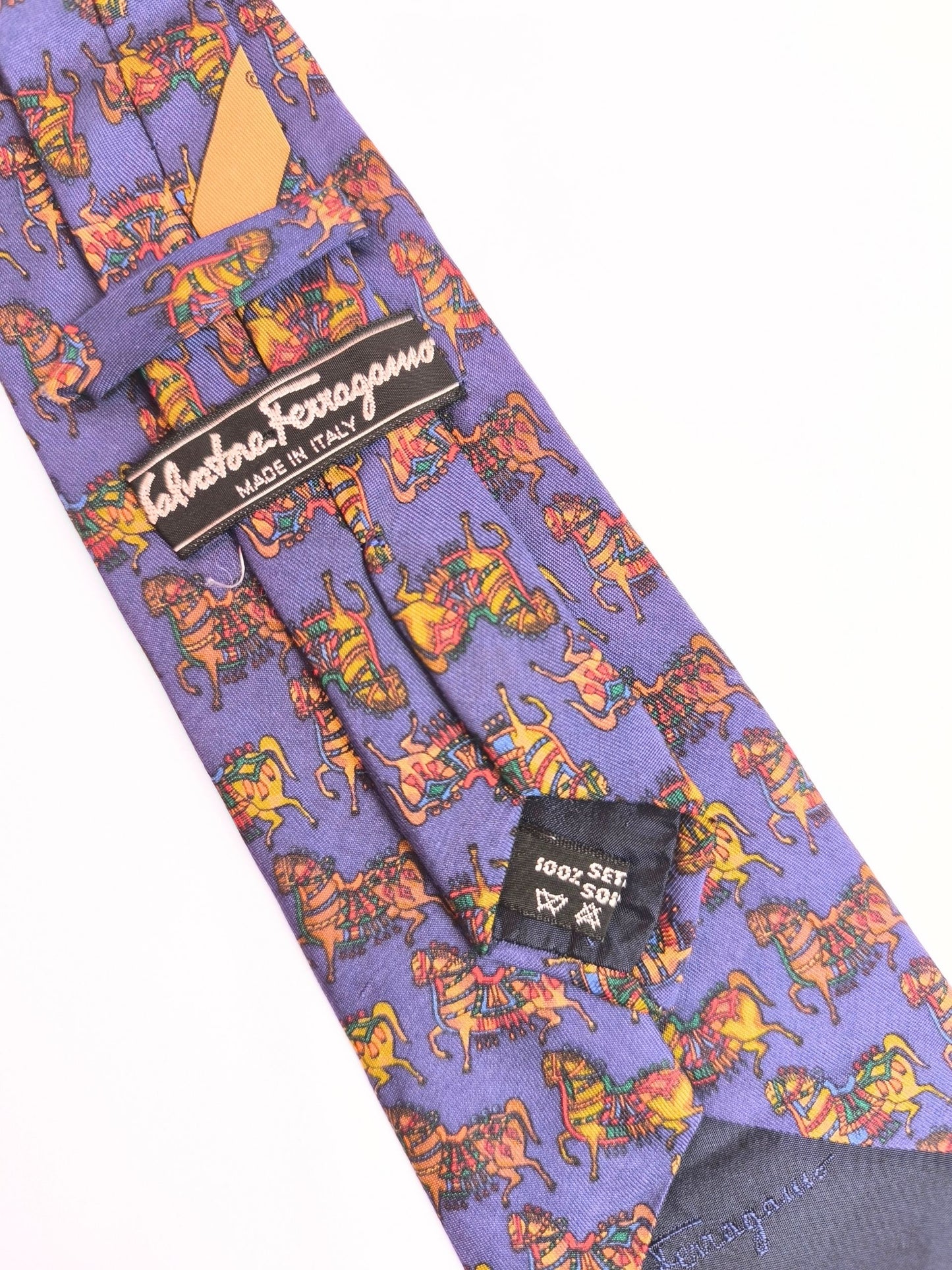 Vintage 90s Salvatore Ferragamo Silk Tie – Carousel Horses Print (Made in Italy)