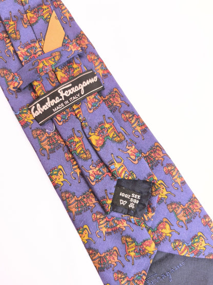 Vintage 90s Salvatore Ferragamo Silk Tie – Carousel Horses Print (Made in Italy)
