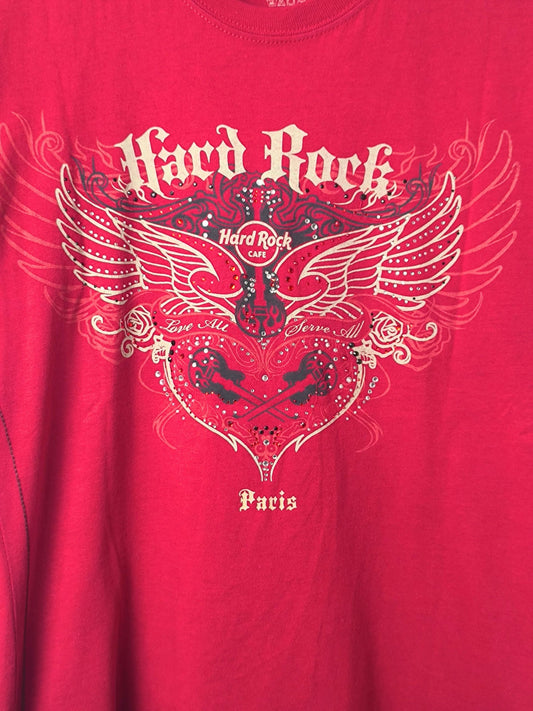 Y2K Hard Rock Café Paris T-Shirt – Red Cotton Tee with Rhinestones (Women’s L)