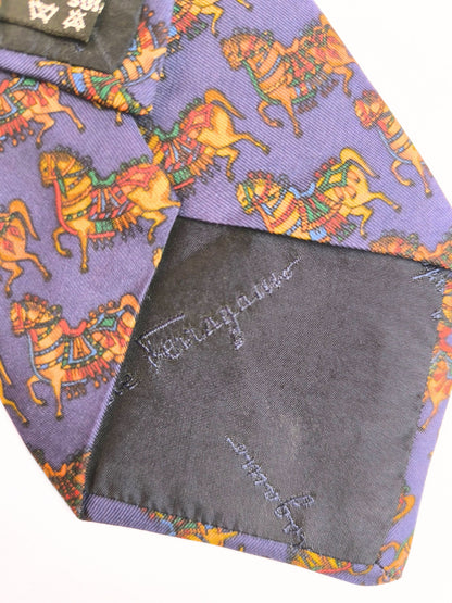 Vintage 90s Salvatore Ferragamo Silk Tie – Carousel Horses Print (Made in Italy)