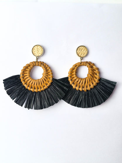 Deadstock Raffia Fan Earrings – Boho Rattan Statement