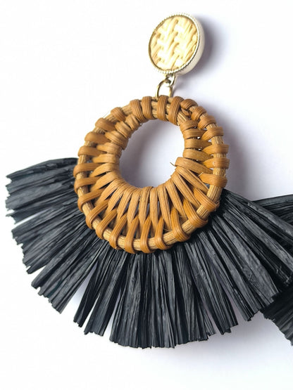 Deadstock Raffia Fan Earrings – Boho Rattan Statement